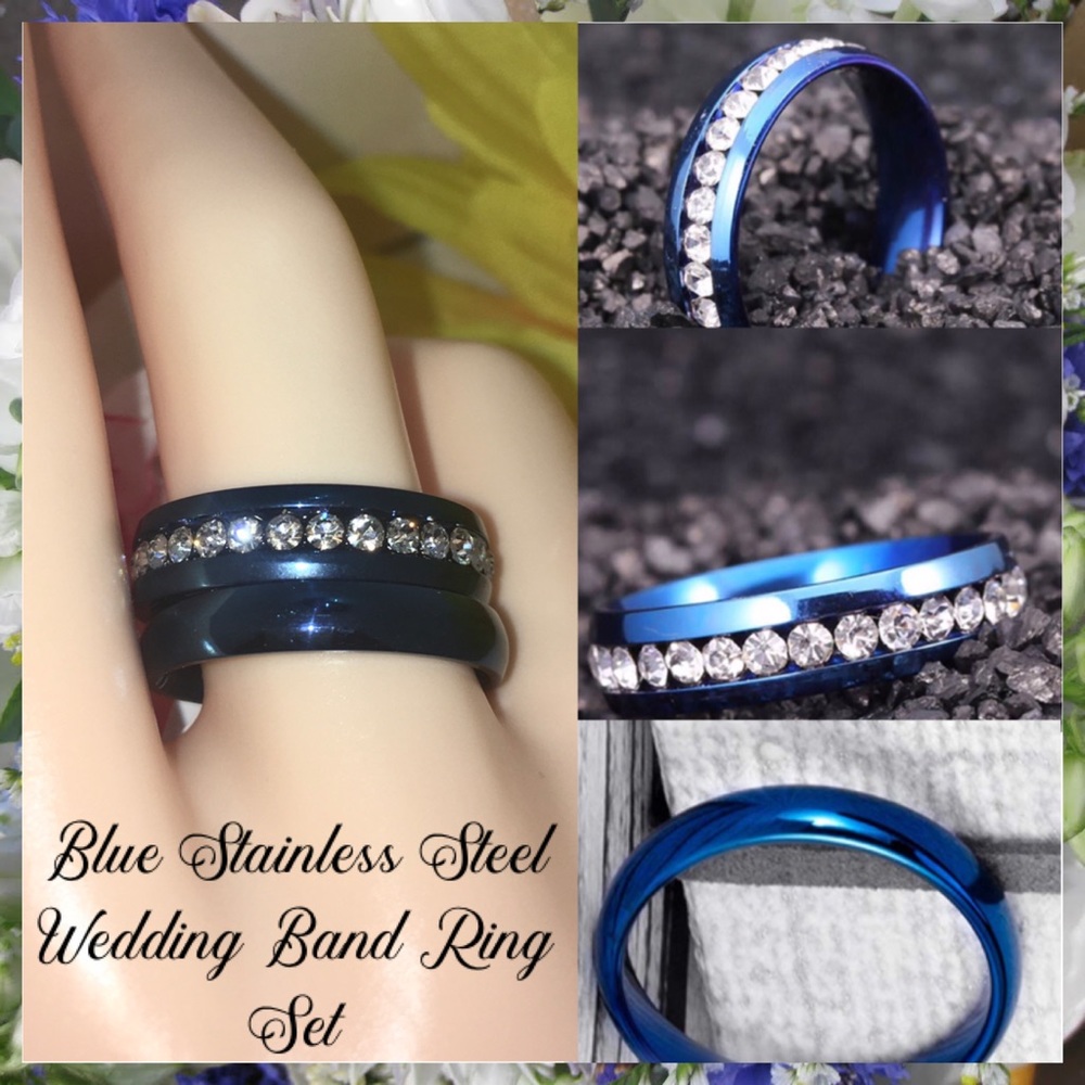 3-$15 Blue Stainless Steel Paved Wedding Band Ring Set